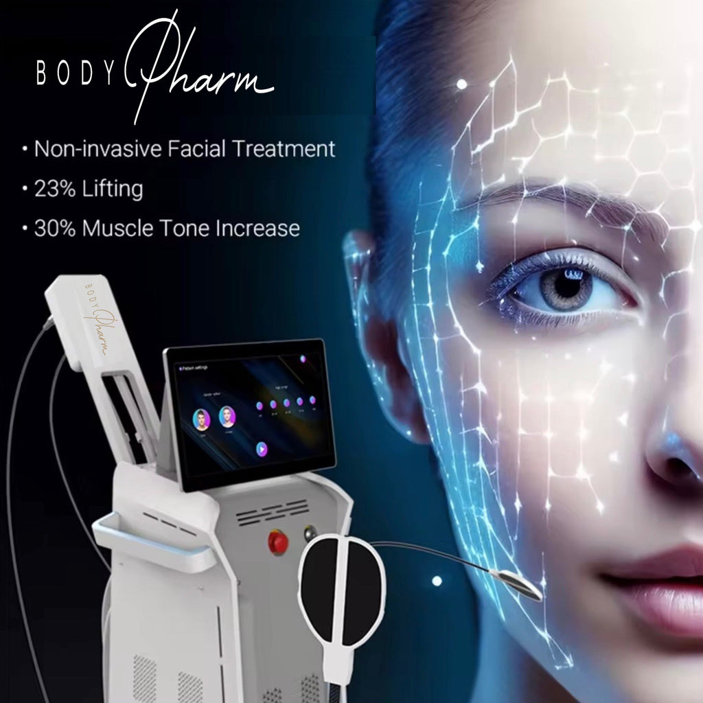 Facial treatment device with digital display and text about non-invasive facial treatment benefits.