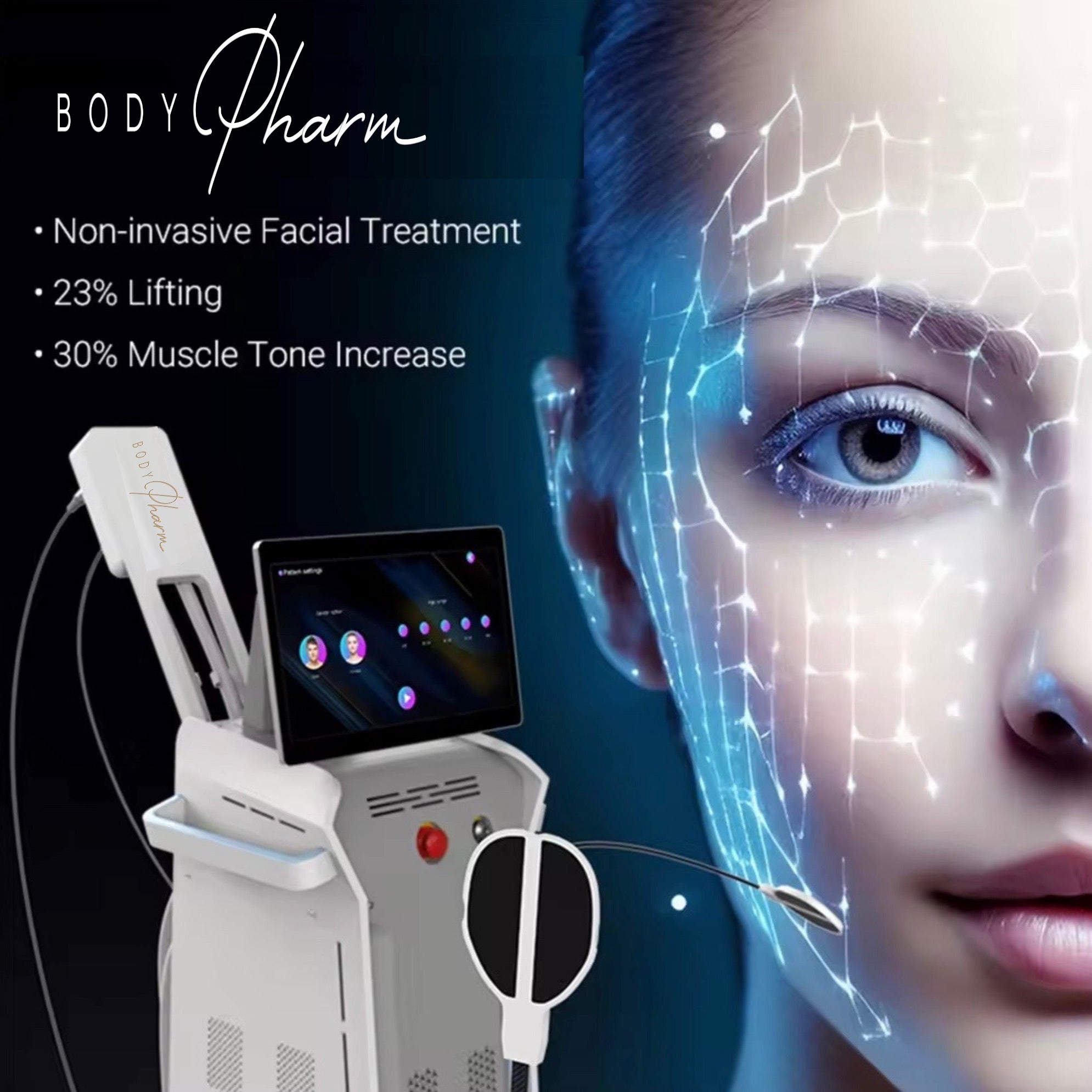 Facial treatment device with digital display and text about non-invasive facial treatment benefits.