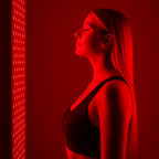 Woman standing in a red-lit room with a light panel on the wall.