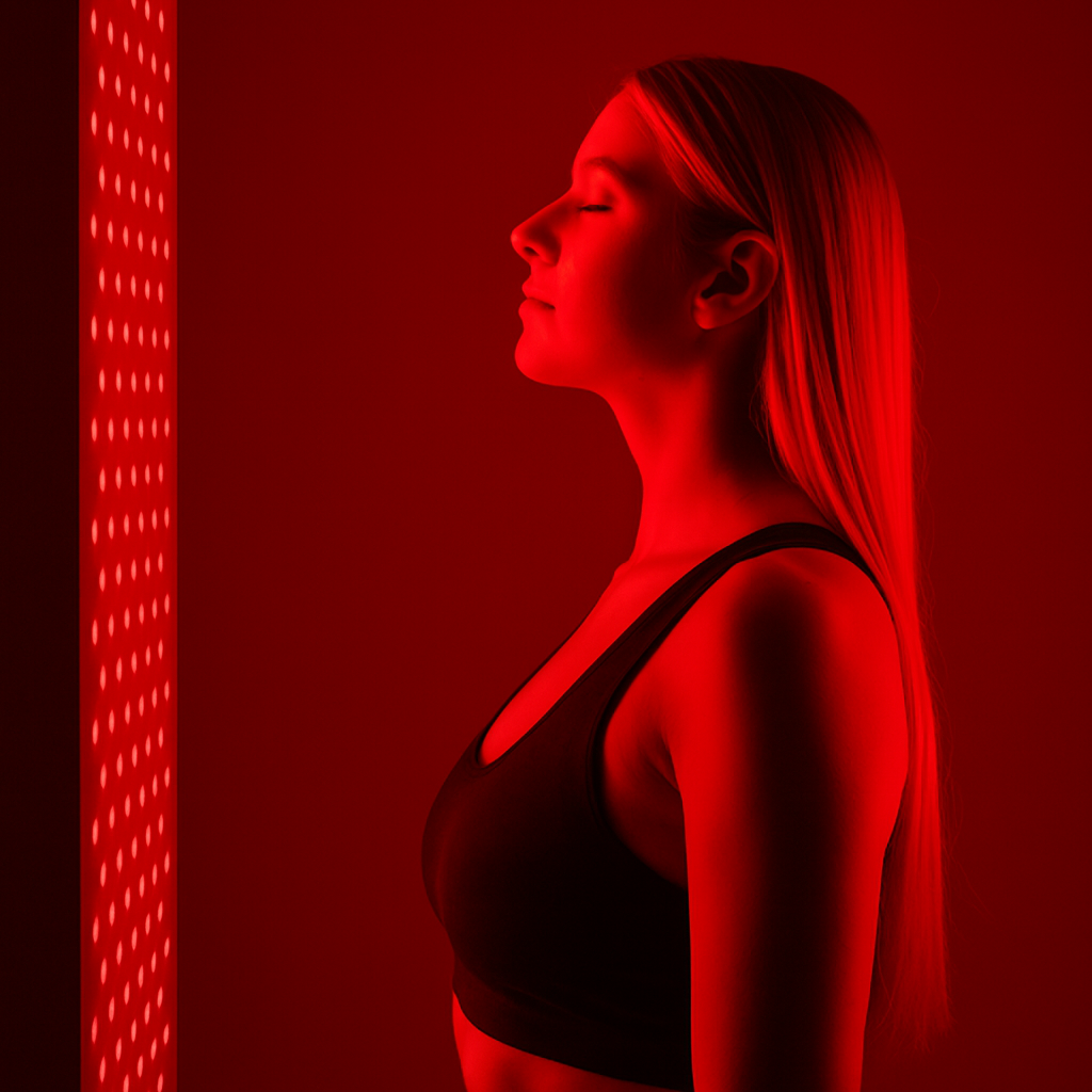 Woman standing in a red-lit room with a light panel on the wall.