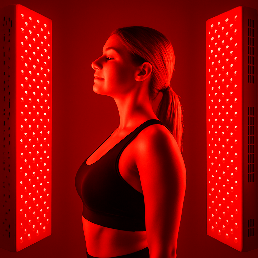 Woman standing in a red light therapy chamber with two red light panels on either side.